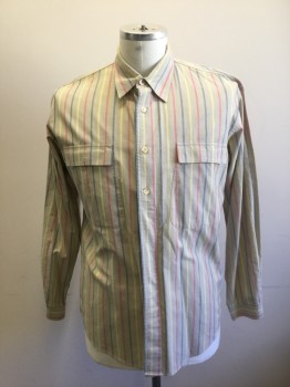ANTO N H, Taupe, Cherry Red, Blue, Lt Yellow, Cotton, Stripes - Vertical , Taupe Background with Cherry, Blue and Light Yellow Double Vertical Stripes, Long Sleeve Button Front, Collar Attached, 2 Flap Pockets with Button Closures, Made To Order