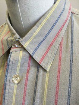 ANTO N H, Taupe, Cherry Red, Blue, Lt Yellow, Cotton, Stripes - Vertical , Taupe Background with Cherry, Blue and Light Yellow Double Vertical Stripes, Long Sleeve Button Front, Collar Attached, 2 Flap Pockets with Button Closures, Made To Order