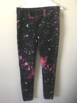 LOVESICK, Black, Magenta Purple, White, Indigo Blue, Cotton, Polyester, Stars, Novelty Pattern, Galaxy/Outer Space Pattern Skinny Pants, Black Background with White Stars, Magenta, Indigo, White Galaxies, Zip Fly, 2 Buttons at Waist, Faux Front Pockets, 2 Back Pockets, Belt Loops