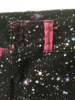 Womens, Casual Pants, LOVESICK, Black, Magenta Purple, White, Indigo Blue, Cotton, Polyester, Stars, Novelty Pattern, W: 28, 7, Galaxy/Outer Space Pattern Skinny Pants, Black Background with White Stars, Magenta, Indigo, White Galaxies, Zip Fly, 2 Buttons at Waist, Faux Front Pockets, 2 Back Pockets, Belt Loops