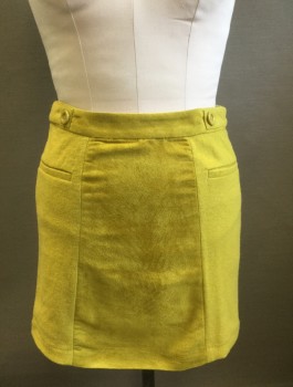Womens, Skirt, Mini, COOPERATIVE, Chartreuse Green, Wool, Polyester, Solid, Sz.6, Fuzzy Texture, 1" Self Waistband, Self Straps with Decorative Buttons at Side Waist, 2 Small Welt Pockets, Invisible Zipper at Side