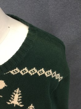 Womens, Pullover, AMERICAN LIVING, Forest Green, Cream, Cotton, Holiday, M, Dark Green with Knit Skier, Ribbed Knit Crew Neck, Long Sleeves, Ribbed Knit Cuff/Waistband