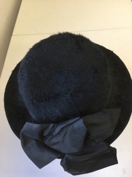 NL, Black, Fur, Silk, Solid, Beaver Pelt, Rounded Crown with Wide Brim. Tafetta Silk Ribbon Tie Around Hat with Large Bow at Back,