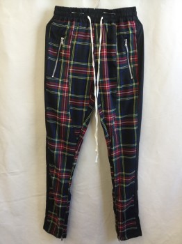 N/L, Black, Gray, Royal Blue, Red, Yellow, Cotton, Polyester, Plaid, 2" Elastic Waist with Cream D-string, 2 Slant Pockets Front with Zipper & 2 Back, 2" Side Black Stripes