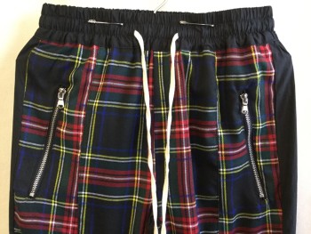 Mens, Casual Pants, N/L, Black, Gray, Royal Blue, Red, Yellow, Cotton, Polyester, Plaid, 30/28, 2" Elastic Waist with Cream D-string, 2 Slant Pockets Front with Zipper & 2 Back, 2" Side Black Stripes