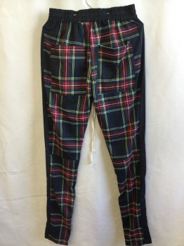 N/L, Black, Gray, Royal Blue, Red, Yellow, Cotton, Polyester, Plaid, 2" Elastic Waist with Cream D-string, 2 Slant Pockets Front with Zipper & 2 Back, 2" Side Black Stripes