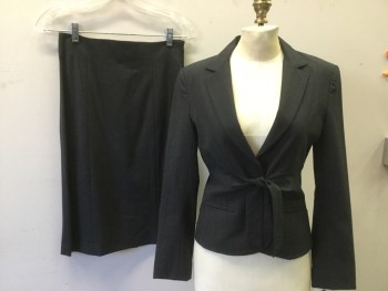 Womens, Suit, Jacket, THEORY, Charcoal Gray, Wool, Lycra, Stripes, 4, 1 Snap Front, Self Tie Waist, Notched Lapel, 2 Pockets, Self Stripe