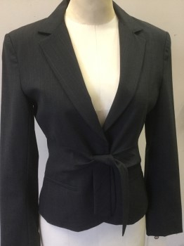 Womens, Suit, Jacket, THEORY, Charcoal Gray, Wool, Lycra, Stripes, 4, 1 Snap Front, Self Tie Waist, Notched Lapel, 2 Pockets, Self Stripe