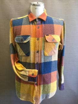 OBEY, Blue, Orange, Yellow, Brown, Cream, Cotton, Check , Thick Flannel Cotton.Long Sleeves, Collar Attached, 2 Patch Pockets with Button Down Flaps