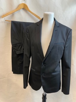 ZARA MAN, Black, Polyester, Viscose, Solid, Single Breasted, Collar Attached, Notched Lapel, 2 Buttons,  3 Pockets
