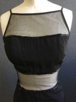 PEAK EVENINGS, Black, Polyester, Solid, Spaghetti Strap, Square Netting Neck with Black Piping, Poly Satin with Netting Insets at Waist/ and Below Knees, Tube Beading Detail