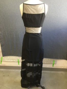 PEAK EVENINGS, Black, Polyester, Solid, Spaghetti Strap, Square Netting Neck with Black Piping, Poly Satin with Netting Insets at Waist/ and Below Knees, Tube Beading Detail