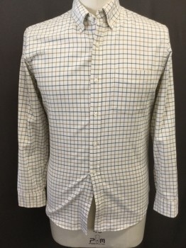 Mens, Casual Shirt, J CREW, White, Tan Brown, Navy Blue, Cotton, Plaid - Tattersall, M, Button Down Collar, Long Sleeves, Button Front,
