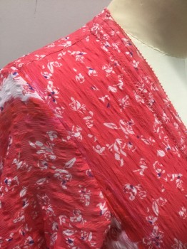 Womens, Dress, Short Sleeve, TANYA TAYLOR, Coral Pink, White, Purple, Silk, Cotton, Abstract , 2, Bright Coral Pink with White Abstract (Floral?) Pattern, Small Specks of Purple, Textured Chiffon, Short Flutter Sleeves, Wrapped V-neck, Vertical Ruffle Down Front Side (Faux Wrap Dress Look), Self Ties at Waist, Mid Calf Length