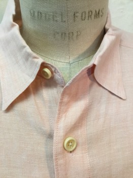 TOMMY BAHAMAS, Peach Orange, Linen, Heathered, Long Sleeves, Collar Attached, Button Front, 1 Pocket,