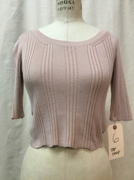 TOPSHOP, Dusty Rose Pink, Synthetic, Stripes, Dusty Pink, Ribbed Stripes, Scoop Neck, Short Sleeves, Cropped