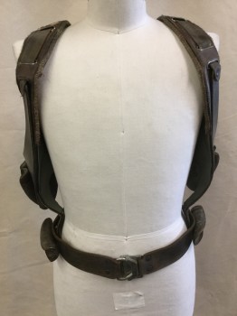Mens, Vest, MTO, Brown, Steel Blue, Gray, Leather, Neoprene, Solid, M, Vest/holster  Brown Leather Aged with Gray Over Dye Gray, Silver Neoprene Inlay Detail Work, Tortoise Like Back Plate, Plastic Holders-like,  Brown Belt with Metal Hook,