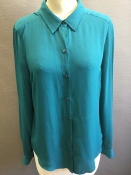 TILDON, Teal Green, Polyester, Solid, Sheer Crepe, Long Sleeve Button Front, Collar Attached