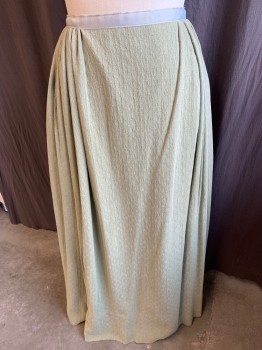 Womens, Historical Fiction Skirt, FOX 102/MTO, Sage Green, Lt Gray, Cotton, Polyester, Solid, 31, Sage Green Vertical Print Embossed Texture, 1" Light Gray Waistband, Zip Back with Hook Closure,  and with Off White String, Solid Beige Lining, Floor Length