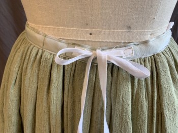 FOX 102/MTO, Sage Green, Lt Gray, Cotton, Polyester, Solid, Sage Green Vertical Print Embossed Texture, 1" Light Gray Waistband, Zip Back with Hook Closure,  and with Off White String, Solid Beige Lining, Floor Length