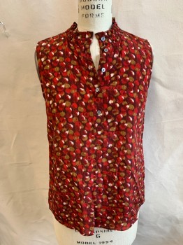 TALBOTS, Brown, Red, Burnt Umber Brn, Off White, Silk, Abstract , Crew Neck with Self Ruffles, Button Front, Sleeveless,