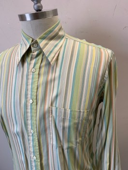 Mens, Dress Shirt, CEGO, Lt Green, Lime Green, Turquoise Blue, Yellow, Cotton, Stripes - Vertical , S:33,5, N:17, Long Sleeve Button Front, Collar Attached, Long Collar, 1 Patch Pocket, Made To Order Multiples