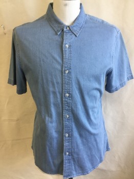 TOPMAN, Baby Blue, Cotton, Elastane, Heathered, Collar Attached, Button Front, Short Sleeves, Curved Hem