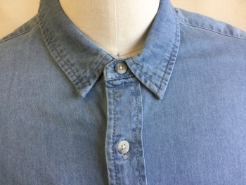 TOPMAN, Baby Blue, Cotton, Elastane, Heathered, Collar Attached, Button Front, Short Sleeves, Curved Hem