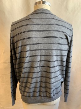 Mens, Pullover Sweater, NORDSTROM, Heather Gray, Black, Cotton, Cashmere, Stripes, C 44, XL, Crew Neck, Long Sleeves, Ribbed Knit Cuff/Collar/Waistband