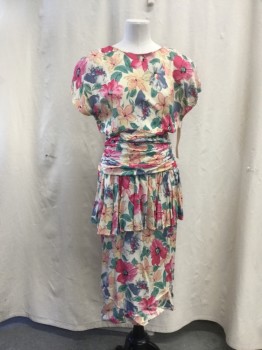 JOHN ROBERTS, Cream, Pink, Green, Lavender Purple, Yellow, Rayon, Floral, Crew Neck, Cap Sleeve, Gathered Waist, 2 Tiered Skirt, Back Zipper, Buttons Up Back