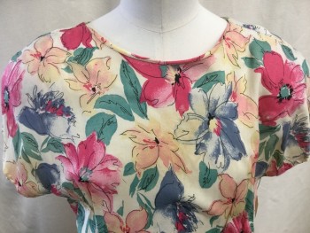 JOHN ROBERTS, Cream, Pink, Green, Lavender Purple, Yellow, Rayon, Floral, Crew Neck, Cap Sleeve, Gathered Waist, 2 Tiered Skirt, Back Zipper, Buttons Up Back