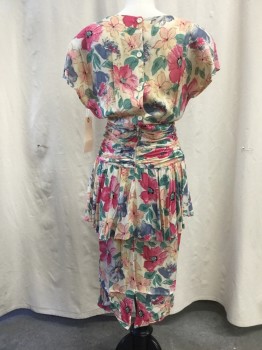 JOHN ROBERTS, Cream, Pink, Green, Lavender Purple, Yellow, Rayon, Floral, Crew Neck, Cap Sleeve, Gathered Waist, 2 Tiered Skirt, Back Zipper, Buttons Up Back