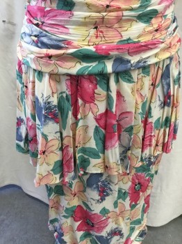 JOHN ROBERTS, Cream, Pink, Green, Lavender Purple, Yellow, Rayon, Floral, Crew Neck, Cap Sleeve, Gathered Waist, 2 Tiered Skirt, Back Zipper, Buttons Up Back