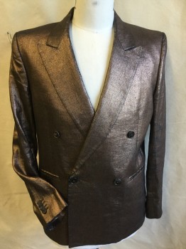 PAUL SMITH, Metallic, Pink, Black, Copper Metallic, Linen, Heathered, Heather Metallic Pink/copper/black, Notched Lapel, Double Breasted, 4 Button Front, 2 Pockets, Black/olive with Orange Trim Lining, Long Sleeves, with Matching Pants
