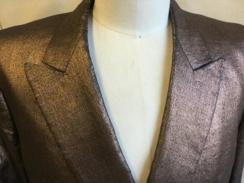 PAUL SMITH, Metallic, Pink, Black, Copper Metallic, Linen, Heathered, Heather Metallic Pink/copper/black, Notched Lapel, Double Breasted, 4 Button Front, 2 Pockets, Black/olive with Orange Trim Lining, Long Sleeves, with Matching Pants