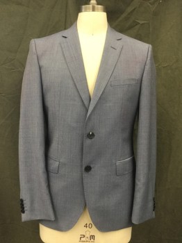 HUGO BOSS, Blue, Wool, Solid, Single Breasted, Collar Attached, Notched Lapel, Hand Picked Collar/Lapel, 3 Pockets, 2 Buttons