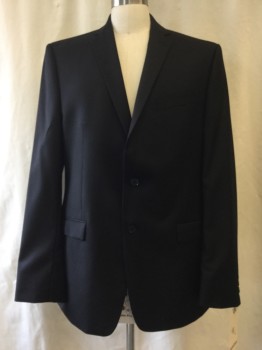 CALVIN KLEIN, Black, Wool, Solid, Notched Lapel, Collar Attached, 2 Buttons,  3 Pockets,