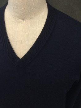 BROOKS BROTHERS, Navy Blue, Wool, Solid, V-neck, Long Sleeves, Ribbed Knit Neck/Waistband/Cuff, Multiples