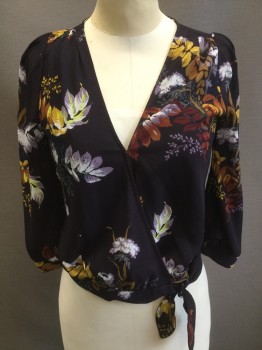 MADEWELL, Purple, Mustard Yellow, White, Lavender Purple, Burnt Orange, Silk, Floral, Purple with Multi Floral Print, Wrap Top, Cross Over Bust, Waist Band Tie, 3/4 Sleevesfc085392