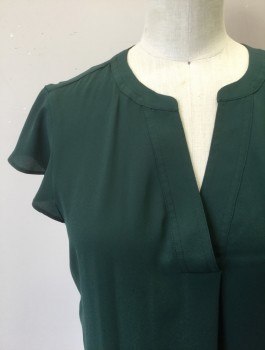 J.CREW, Forest Green, Polyester, Solid, Chiffon, Flutter Cap Sleeves, Round Neck with V-Notch, Vertical Pleat at Center Front Below Neckline, Pullover