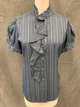 MARC JACOBS, Steel Blue, Gray, Silk, Stripes, Button Front, Stand Collar with Ruffle, Ruffle Panel Down Center Front, Short Sleeves Gathered at Inset, Button Cuff, * Side Seams Coming Undone*