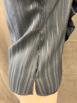 MARC JACOBS, Steel Blue, Gray, Silk, Stripes, Button Front, Stand Collar with Ruffle, Ruffle Panel Down Center Front, Short Sleeves Gathered at Inset, Button Cuff, * Side Seams Coming Undone*