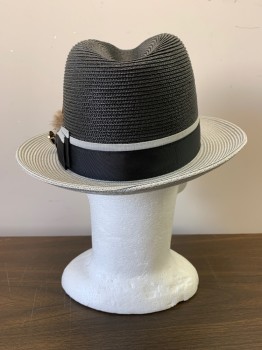BRUNO CAPELO, Navy Blue, Lt Gray, Straw, 2 Color Weave, Heavy Weight Straw. Navy Hat Band with Lt Gray Upper Stripe,