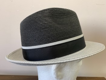 Mens, Fedora, BRUNO CAPELO, Navy Blue, Lt Gray, Straw, 2 Color Weave, 7 1/8, M, Heavy Weight Straw. Navy Hat Band with Lt Gray Upper Stripe,
