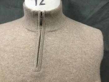 Mens, Pullover Sweater, CLUB ROOM, Lt Brown, Cashmere, Heathered, L, 1/2 Zip Front, Stand Collar, Ribbed Knit Collar/Cuff/Waistband, Long Sleeves