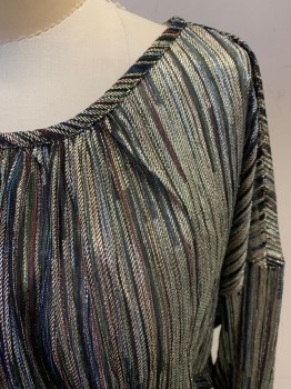 RAMY BROOK, Silver, Red, Green, Black, Blue, Polyester, Metallic/Metal, Stripes, Silver, Red, Green, Black, Blue, Light Blue Metallic Stripes, Long Sleeves, Round Neck, Drop Shoulder, Gathered Neckline, Pull Over, See Through