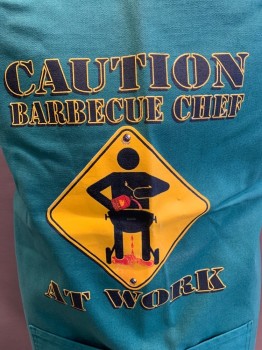 Unisex, Apron, N/L, Green, Yellow, Black, Red, Cotton, Novelty Pattern, O/S, Caution Barbecue Chef at Work, 2 Pockets,