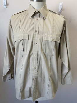 LAW PRO, Khaki Brown, Polyester, Solid, Long Sleeves, Button Front, Epaulets, 2 Batwing Flap Pockets, Stitched Creases,
