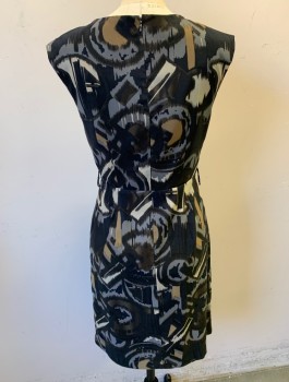 Womens, Dress, Sleeveless, ALYX, Black, Gray, Brown, Ecru, Polyester, Spandex, Abstract , Sz.4, Surplice V-neck, Seams Along Neckline That Become Pleats at Shoulders, Wrapped Front, Knee Length, Belt Loops (But No Belt), Invisible Zipper in Back
