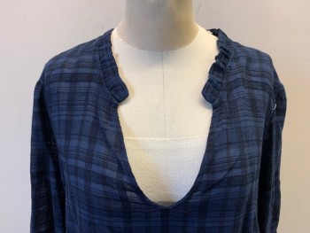 Womens, Blouse, DOLAN, Navy Blue, Blue, Cotton, Rayon, Plaid, XL, Pullover, 3/4 Sleeves with Ruffle, Solid Navy Back
